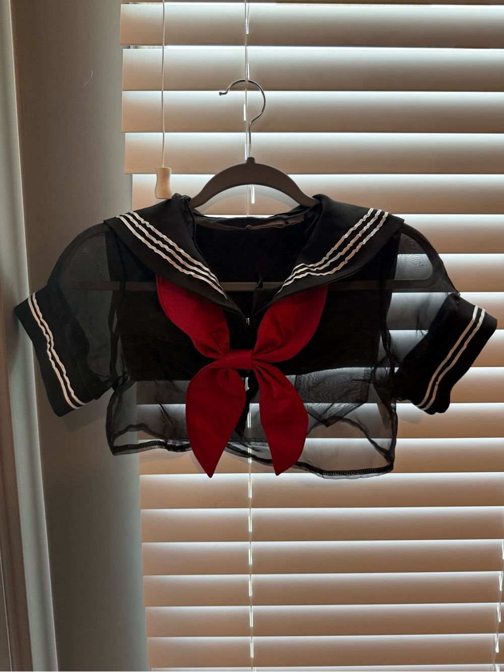 Sheer Black Sailor Tie Crop Top with Red Bow